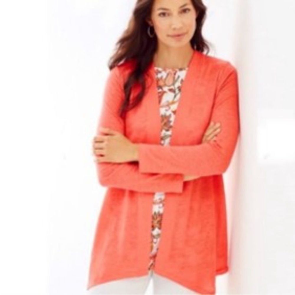 J. JILL LOVE LINEN 100% Linen Open Front Long Sleeve Cardigan Orange MP.